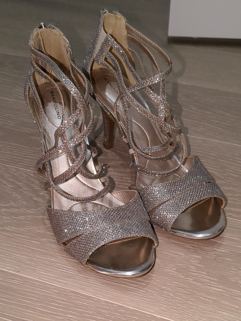 Bandolino Rose Gold Glitter Strappy High Heel Sandals